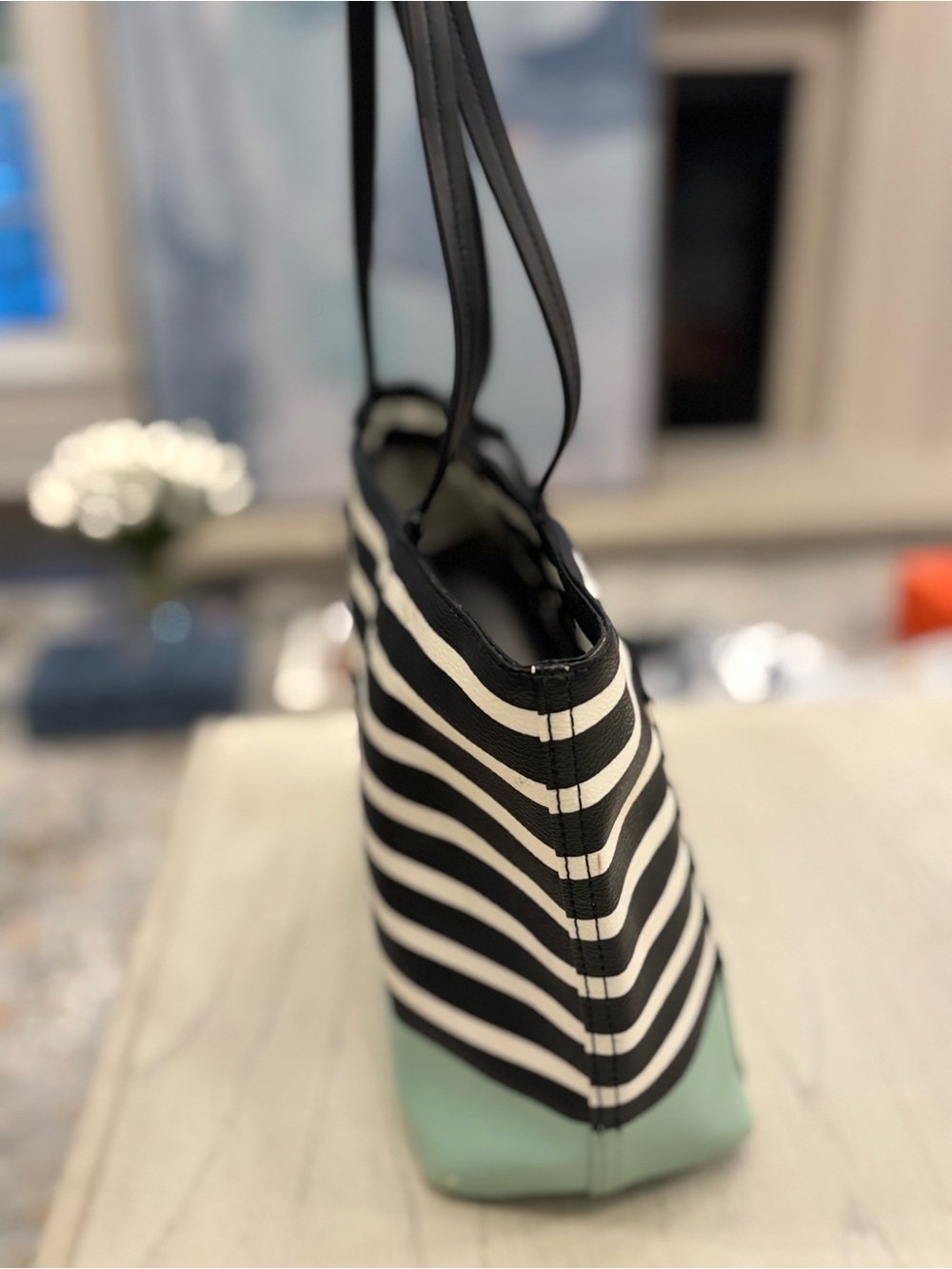 Kate Spade New York Black & White Striped Tote with Mint Trim - Picture 4 of 15